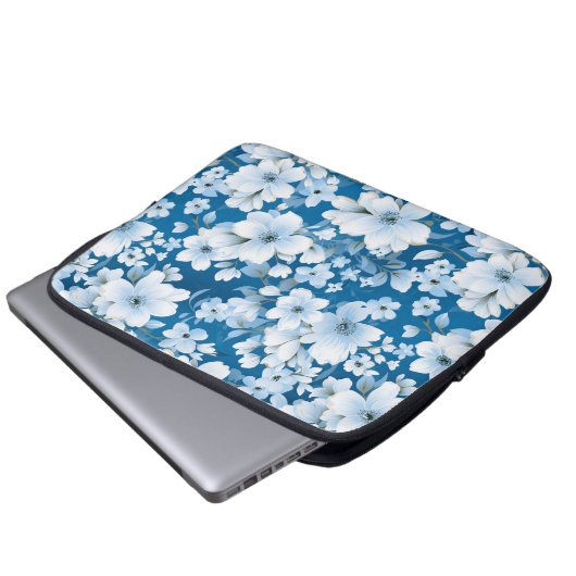 Muster der weißen Blume, blauer Hintergrund, Laptopschutzhülle (Vorne Knopf)