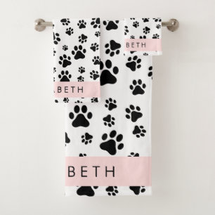 Muster, Dog Paws, Schwarz und Weiß, Ihr Name Badhandtuch Set