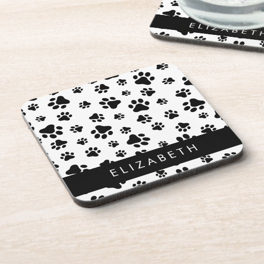 Muster, Dog Paws, Schwarz und Weiß, Ihr Name Getränkeuntersetzer (Linke Seite)