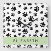 Muster, Dog Paws, Schwarz und Weiß, Ihr Name Quadratische Wanduhr (Vorderseite)