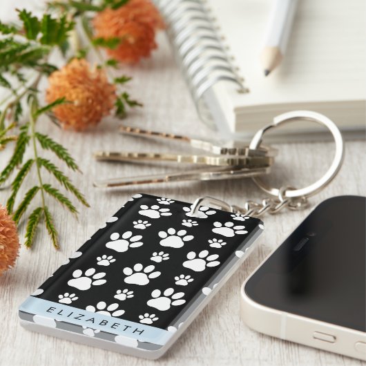 Muster, Dog Paws, Schwarz und Weiß, Ihr Name Schlüsselanhänger (Vorderseite rechts)