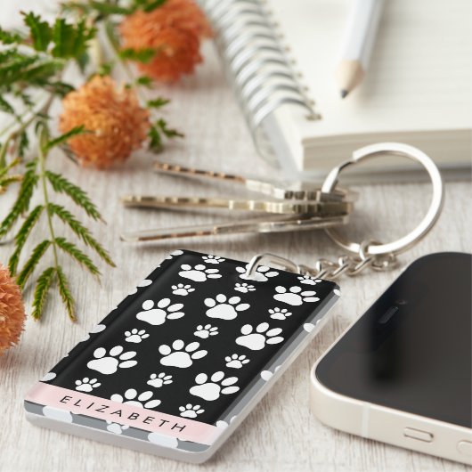 Muster, Dog Paws, Schwarz und Weiß, Ihr Name Schlüsselanhänger (Vorderseite rechts)