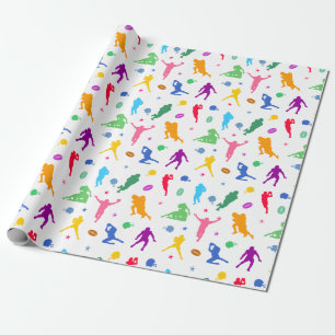 Muster farbenfroher Fußballspieler auf Weiß Geschenkpapier