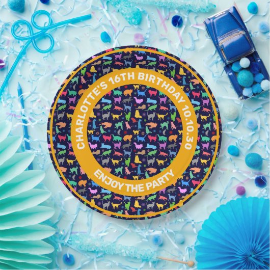 Muster farbenfroher Katzen. Navy Blue Background Pappteller (Party)