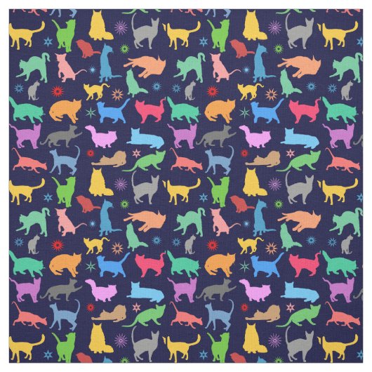 Muster farbenfroher Katzen. Navy Blue Background Stoff (Muster)