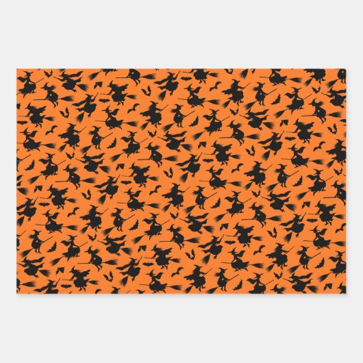 Muster fliegender Hexen, Fledermäuse und Spinnen Geschenkpapier Set (Vorderseite)