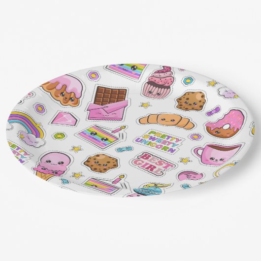 Muster Funny Unicorn Magic Rainbow Niedlich Pappteller (Schrägansicht)