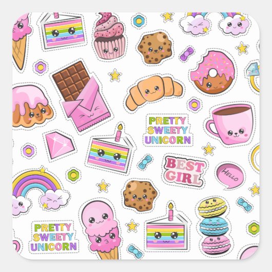 Muster Funny Unicorn Magic Rainbow Niedlich Quadratischer Aufkleber (Vorderseite)