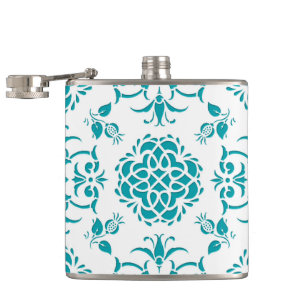 Muster für Aqua und White Floral Damask Flachmann