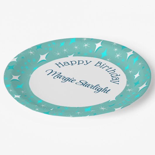 Muster für Aquamarine Atomstars Pappteller (Schrägansicht)