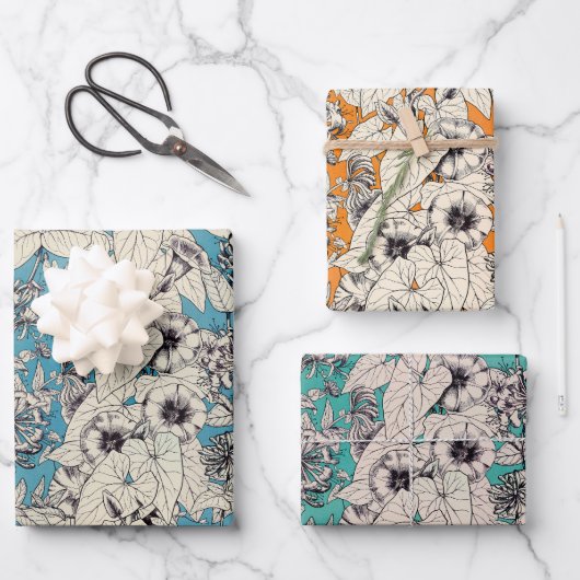 Muster für Aquamarine, blaue, grafische Blume Geschenkpapier Set (Vorderseite)