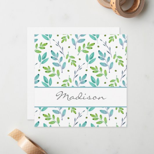 Muster für Aquamarine, grüne Blätter Mitteilungskarte (Vorderseite/Rückseite Beispiel)