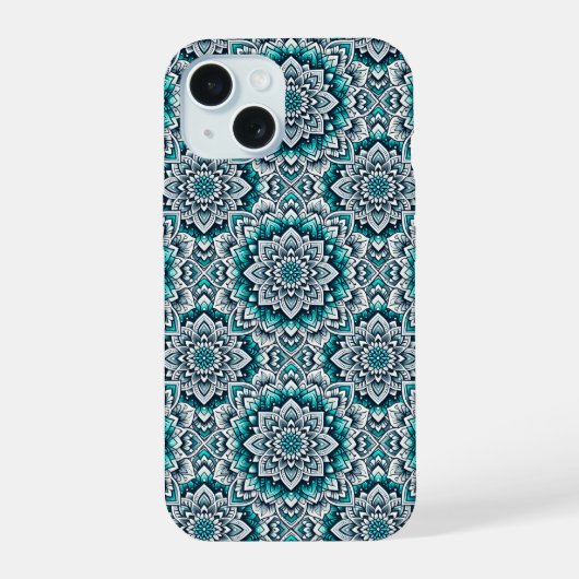 Muster für aquamarine Mandalas iPhone 15 Hülle (Rückseite)