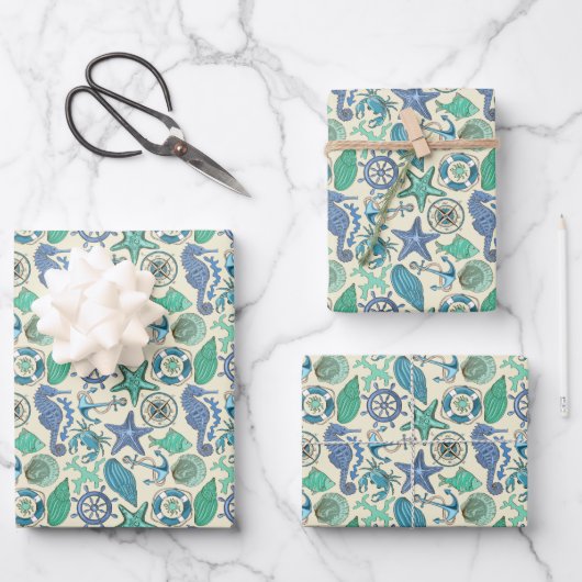Muster für aquamarine Meerestiere Geschenkpapier Set (Vorderseite)