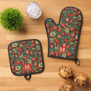 Muster für benutzerdefinierte Monogramm-Erdbeeren Ofenhandschuh & Topflappen-Set