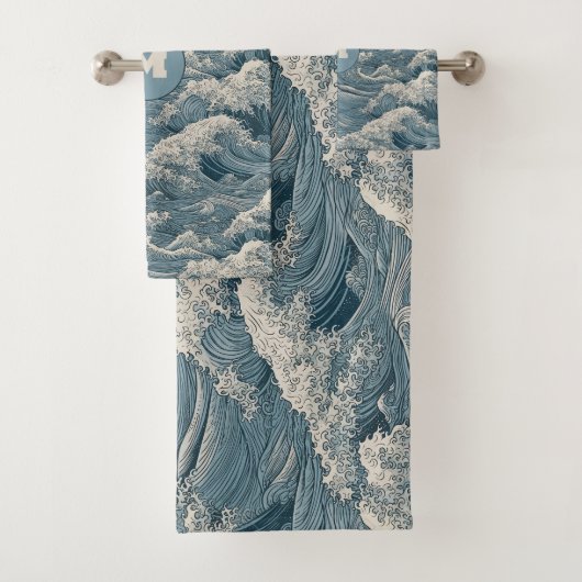 Muster für benutzerdefinierte Monogramm-Waves Badhandtuch Set (Insitu)
