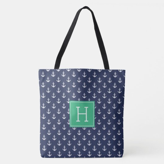 Muster für blaue Anker und grüne Monogramme Tasche (Vorderseite)