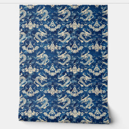 Muster für blaue Flora und chinesische Drachen Tapete