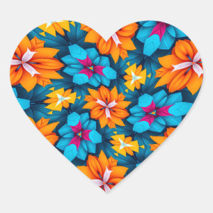 Muster für blaue und orange Blume Herz-Aufkleber