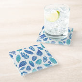 Muster für blaue Wasserfarben-Blätter Glasuntersetzer (Schrägansicht)