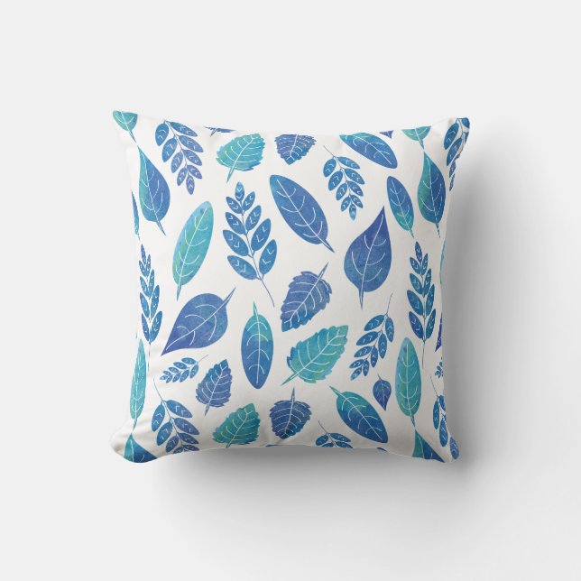 Muster für blaue Wasserfarben-Blätter Kissen (Vorderseite)