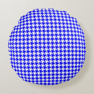 Muster für blaues und weißes geometrisches Hahnent Rundes Kissen