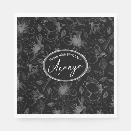 Muster für gezeichnete florale Kontur Grau/schwarz Serviette (Vorderseite)