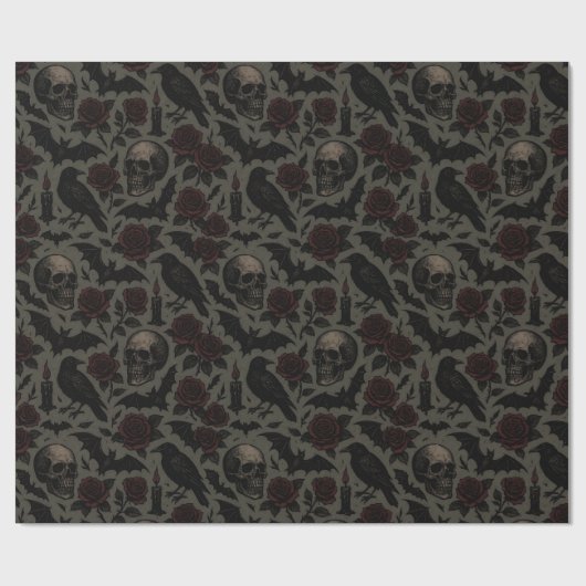 Muster für Gothic Skulls, Crows & Rose Geschenkpapier (Flach)