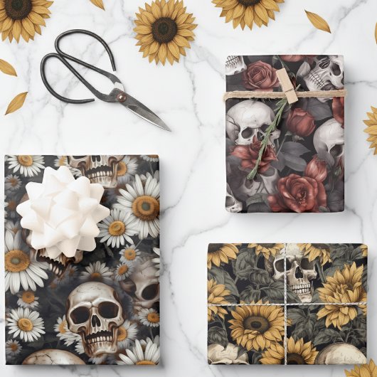 Muster für gotische Skulls und Blume Geschenkpapier Set
