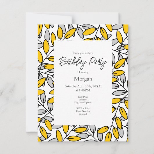 Muster für handgezeichnete, gelb-graue Blätter Einladung (Vorderseite)