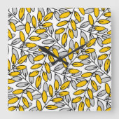 Muster für handgezeichnete, gelb-graue Blätter Quadratische Wanduhr (Vorderseite)