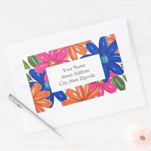 Muster für handgezeichnete, rosa orange blaue Blum Rechteckiger Aufkleber (Umschlag)