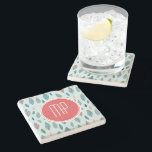 Muster für Monogram Girly Whimsical Blätter Steinuntersetzer<br><div class="desc">Ein skurriles,  gürtelndes Muster-Design mit Blätter in helltürkisfarbenen,  aquamarinen und korallenroten Farbtönen mit einem stilvollen Banner in Korallenrot und Weiß,  das mit Ihren Monogramm-Initialen personalisiert wird. 15 Cps</div>