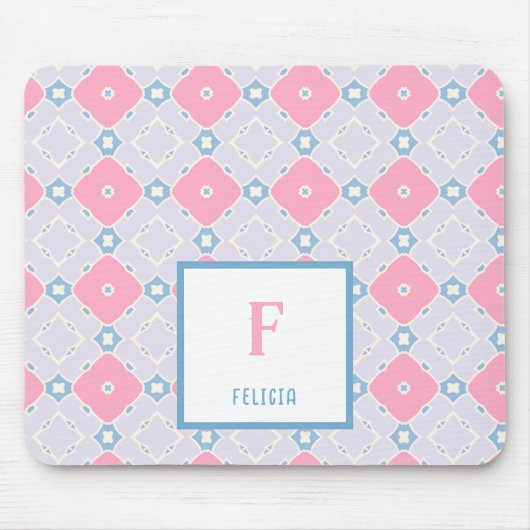 Muster für Monogramm Name Blau und Rosa Blume Mousepad (Vorne)