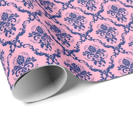 Muster für Navy Blue & Pink Floral Damaskus Geschenkpapier (Rolleneckpunkt)
