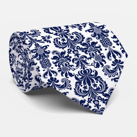 Muster für Navy Blue & White Floral Damask Krawatte (Gerollt)