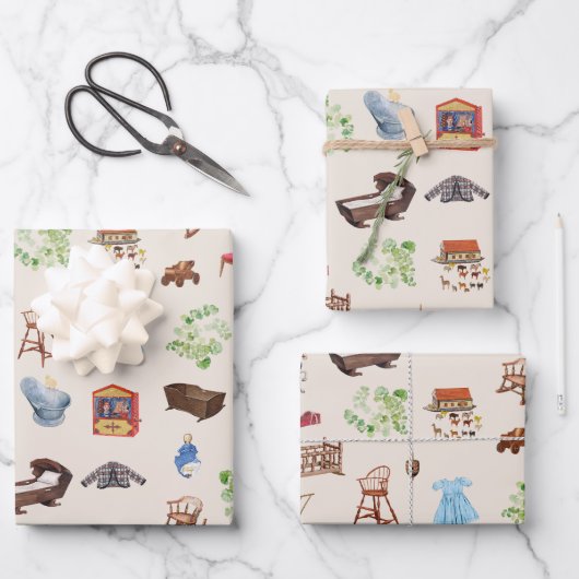 Muster für neutrales Vintages Baby-Kinderzimmer Geschenkpapier Set (Vorderseite)