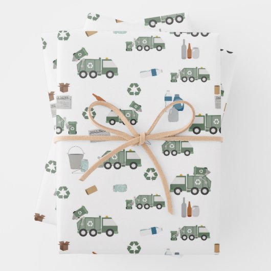 Muster für niedliche, grüne Recycelnd Lkw-Kinder Geschenkpapier Set (Beispiel)