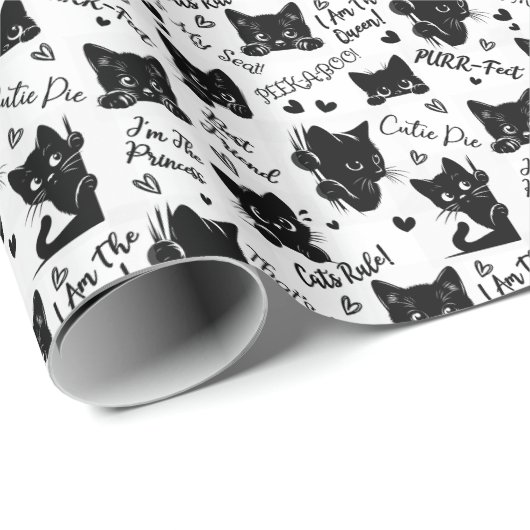Muster für niedliche Schwarze Katzen und Redewendu Geschenkpapier (Rolleneckpunkt)