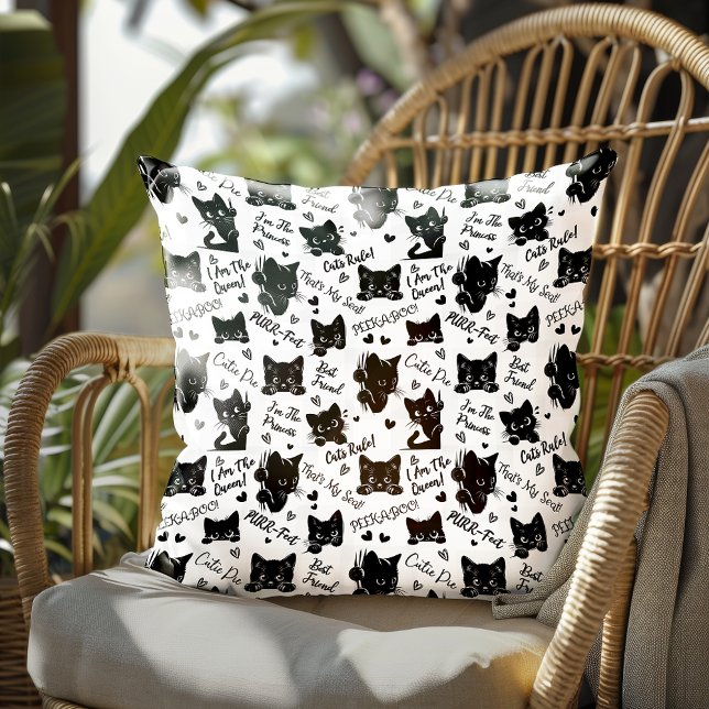 Muster für niedliche Schwarze Katzen und Redewendu Kissen (Cute Black Cats and Sayings with Hearts Pattern for Cat Lovers and Halloween Throw Pillow)
