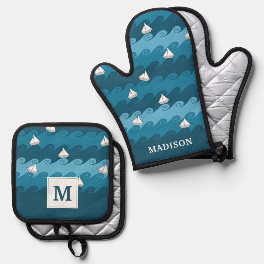 Muster für Papierboote Ofenhandschuh & Topflappen-Set (Vorderseite/Rückseite)