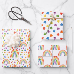 Muster für Regenbogen-Herzen und Blume Geschenkpapier Set