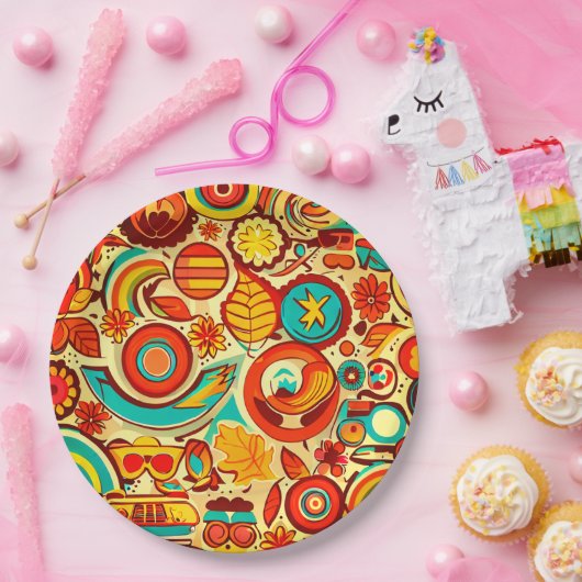 Muster für Retro 70er Groovy Fall Herbstelemente Pappteller (Party)