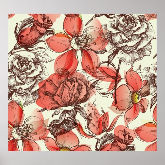Muster für Retro-Rote Rosen Poster (Vorne)