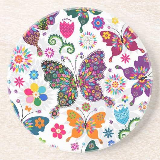 Muster für Retro-Schmetterlinge und Blume Sandstein Untersetzer (Vorne)