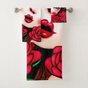 Muster für rote Lippen und Rote Rosen Badhandtuch Set