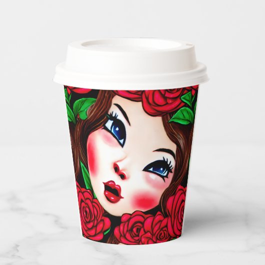 Muster für rote Lippen und Rote Rosen Pappbecher (Vorderseite)