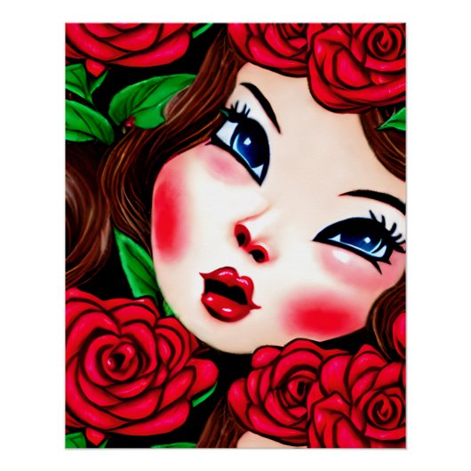 Muster für rote Lippen und Rote Rosen Poster (Vorderseite)
