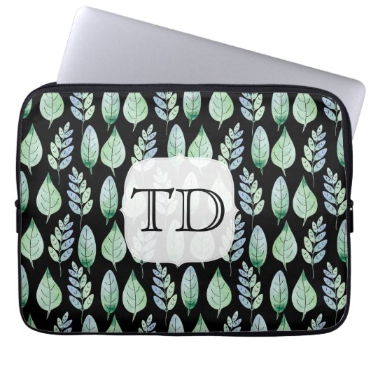 Muster für Schwarz-Minze-Blätter in Monogramm Laptopschutzhülle (Vorderseite)