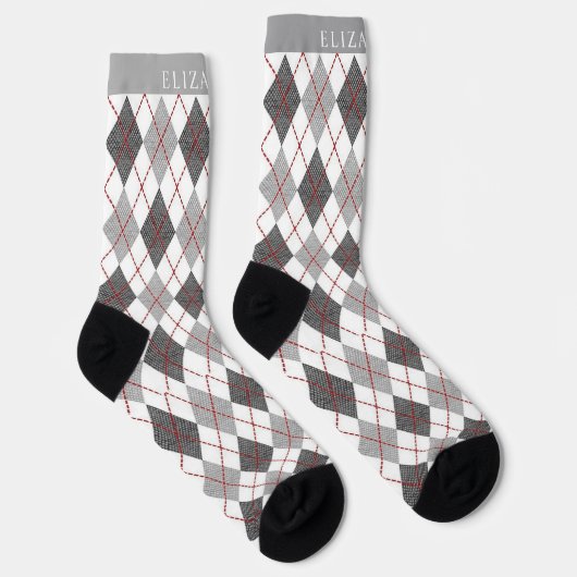 Muster für Schwarz-weiße, grau-rote Raute Socken (Rechts)